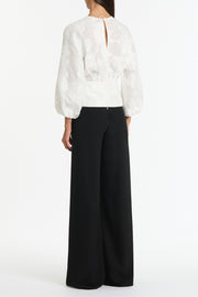 WHITE MESH JACQUARD PUFF SLEEVE BLOUSE