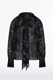 BLACK LINEAR FLORAL RUFFLE BLOUSE
