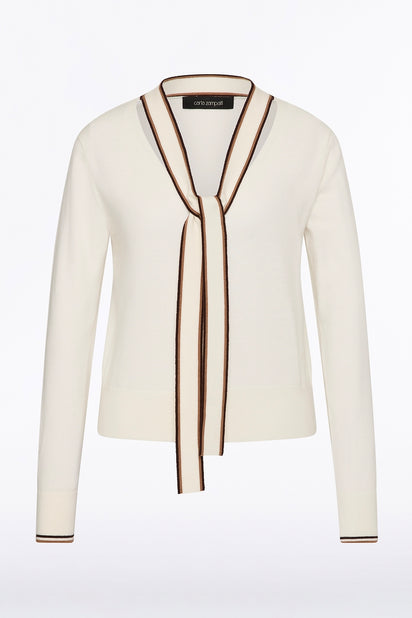 IVORY MERINO TIPPED TIE NECK KNIT TOP