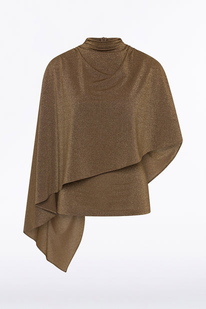 OLD GOLD LUREX KNIT ROUCHED NECK CAPE TOP