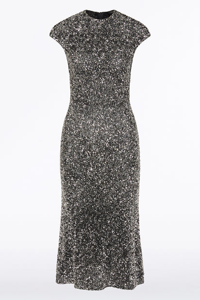 CHROME SEQUIN FLUTED MIDI DRESS