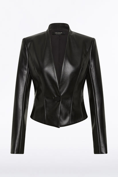 BLACK FAUX LEATHER FITTED JACKET