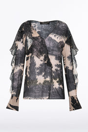 BLACK SCENICA GEORGETTE FLUTED BLOUSE