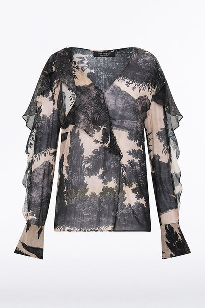 BLACK SCENICA GEORGETTE FLUTED BLOUSE