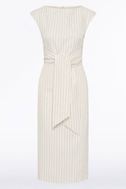 IVORY PINSTRIPE LINEN TIE WAIST MIDI DRESS