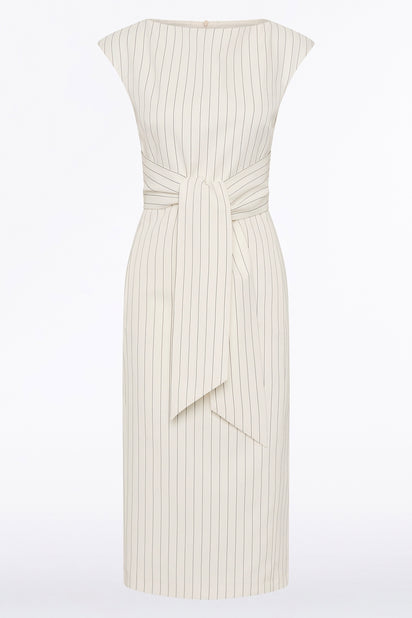 IVORY PINSTRIPE LINEN TIE WAIST MIDI DRESS