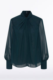 HUNTER GREEN GEORGETTE TWIST NECK TOP