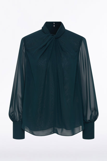 HUNTER GREEN GEORGETTE TWIST NECK TOP