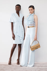 PALE BLUE CREPE ASYMMETRIC DRAPE DRESS