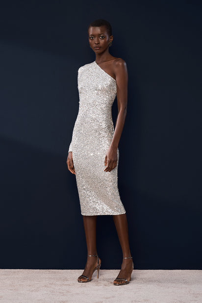 IVORY CRUSHED SEQUIN FITTED DRESS