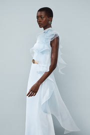 PALE BLUE CREPE RUFFLE SHOULDER GOWN