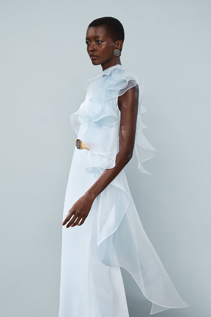 PALE BLUE CREPE RUFFLE SHOULDER GOWN
