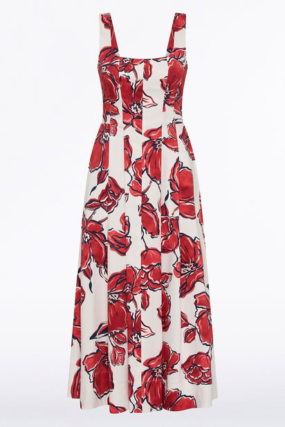 CRIMSON BOUQUET SATEEN PANELLED MIDI DRESS