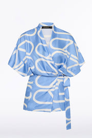 PACIFIC BLUE AND IVORY GRID SILK RELAXED WRAP TOP