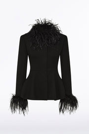 BLACK CREPE PEPLUM FEATHER JACKET