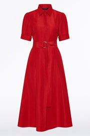 CRIMSON LINEN BLEND SHIRT DRESS