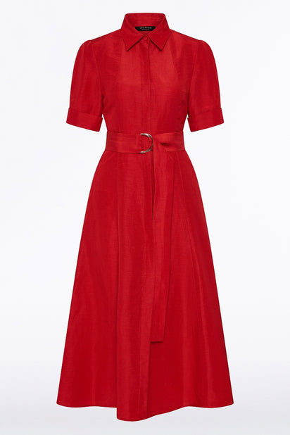 CRIMSON LINEN BLEND SHIRT DRESS