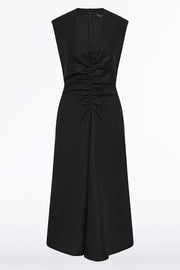 BLACK LINEN RUCHED DRESS