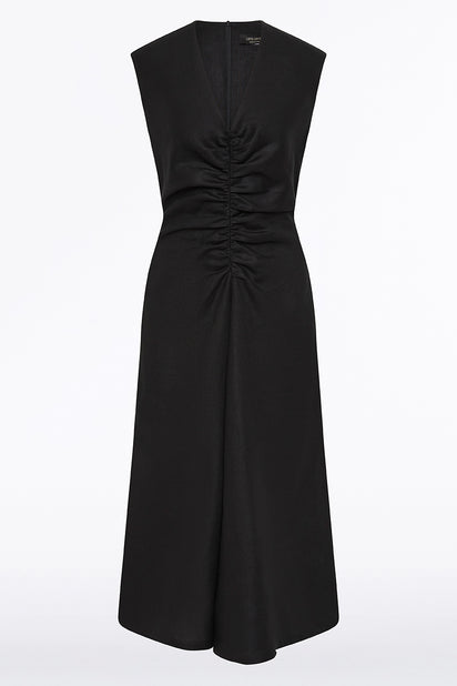 BLACK LINEN RUCHED DRESS
