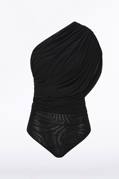 BLACK MESH ONE SHOULDER BODYSUIT