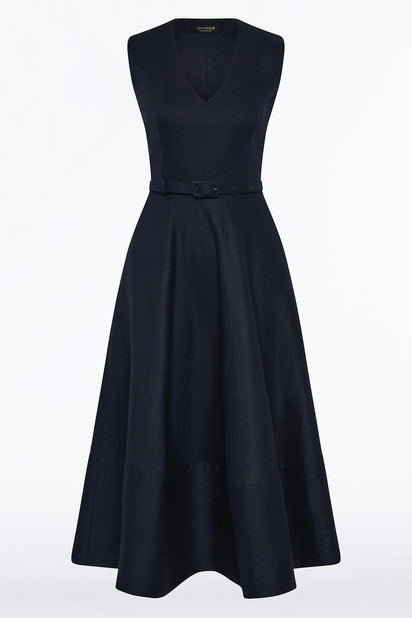 NAVY LINEN BELTED MIDI DRESS