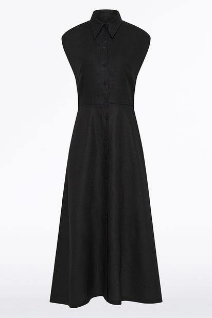 BLACK LINEN BUTTON UP DRESS