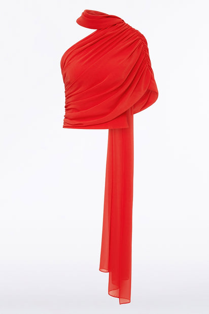 RED GEORGETTE ONE SHOULDER DRAPE TOP