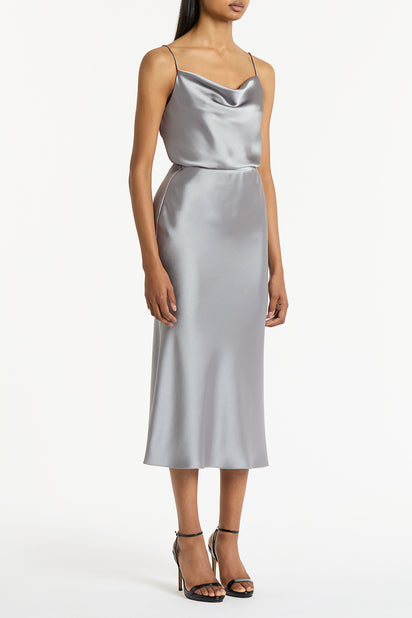 SILVER SATIN MIDI SKIRT