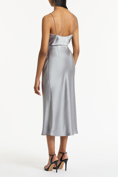 SILVER SATIN MIDI SKIRT