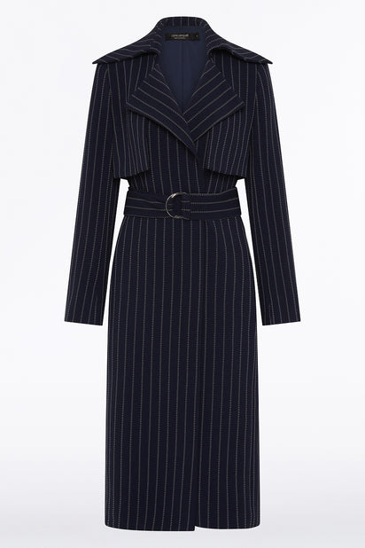 NAVY PINSTRIPE DOUBLE-BREASTED TRENCH COAT
