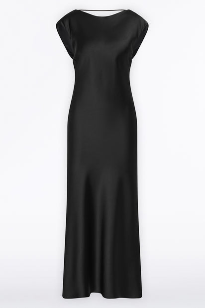 BLACK SATIN COWL BACK DRESS