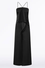 BLACK LUSTRE SATIN FRILL FRONT DRESS