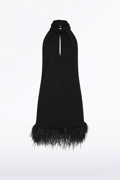 BLACK CREPE FEATHER MINI DRESS