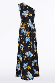 MIDNIGHT BOTANICA VISCOSE TWILL ONE SHOULDER DRESS
