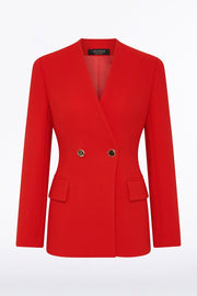RED CREPE V-NECK DOUBLE BREASTED JACKET