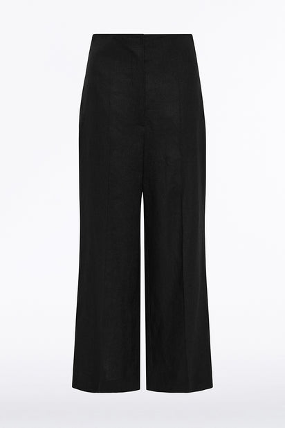 BLACK LINEN WAISTED CROP PANT