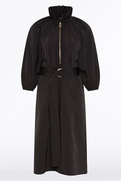 BLACK TAFFETA RUFFLE ZIP DRESS