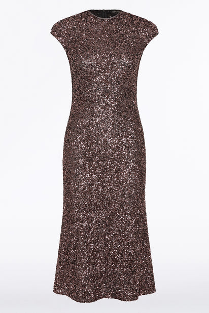 COPPER SEQUIN FLUTED MIDI DRESS