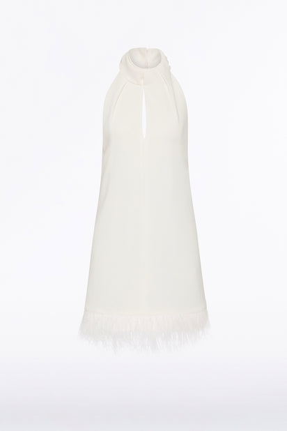 WHITE CREPE FEATHER MINI DRESS