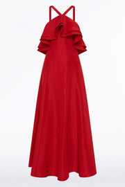 CRIMSON LINEN BLEND FRILL MAXI DRESS