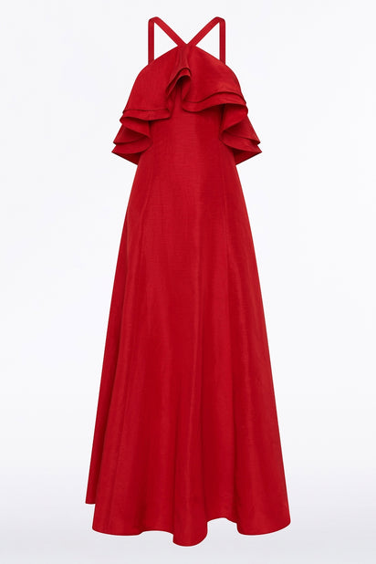 CRIMSON LINEN BLEND FRILL MAXI DRESS