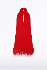 RED CREPE FEATHER MINI DRESS