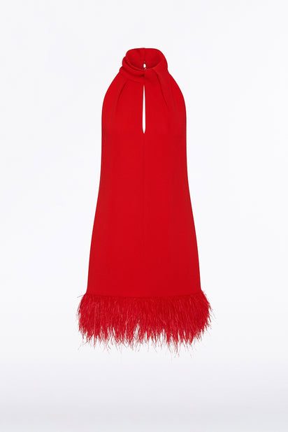 RED CREPE FEATHER MINI DRESS