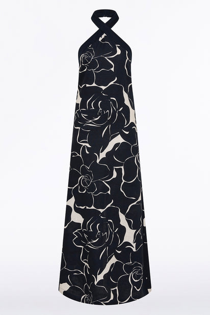 CELESTIAL PETALS LINEN HALTER NECK DRESS