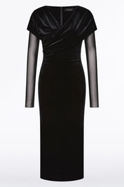 BLACK VELVET MESH DRAPED SHOULDER MIDI DRESS