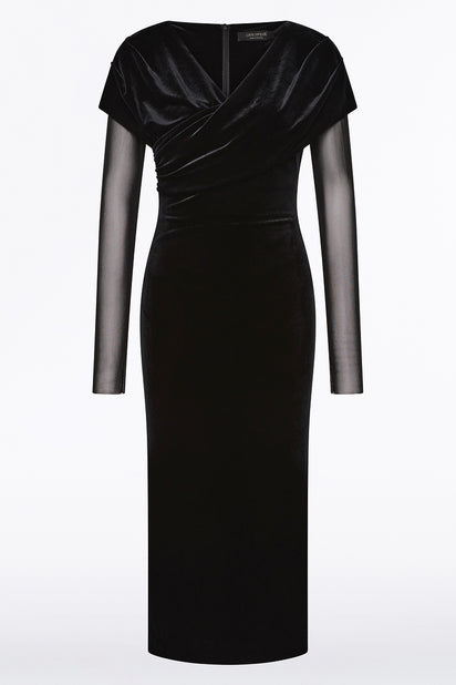 BLACK VELVET MESH DRAPED SHOULDER MIDI DRESS