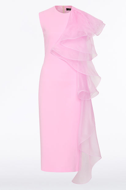 ORCHID CREPE RUFFLE SHOULDER DRESS
