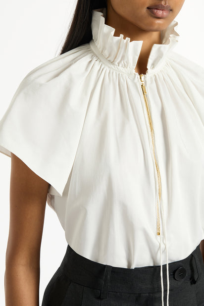 WHITE COTTON TAFFETA RUFFLE BLOUSE