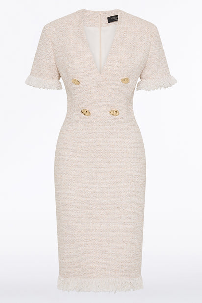 IVORY TWEED FRINGE MIDI DRESS
