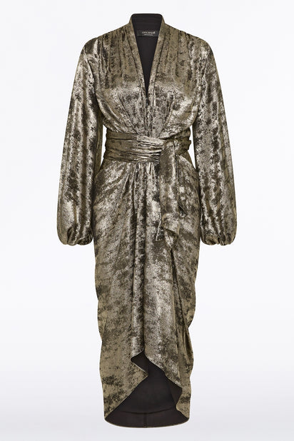 BURNISHED METALLIC WATERFALL DRESS
